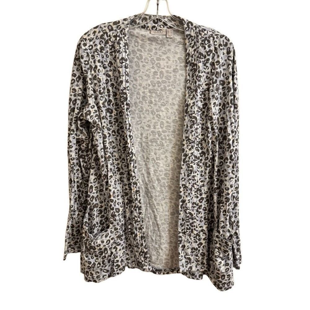 LOGO by Lori Goldstein Light Purple Leopard Print Cardigan Pintuck Pleats Medium